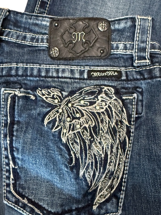 Miss Me Denim - Miss Me Blue Stretch Denim Bootcut Jeans with Silver Embroidered Wing Pockets 34